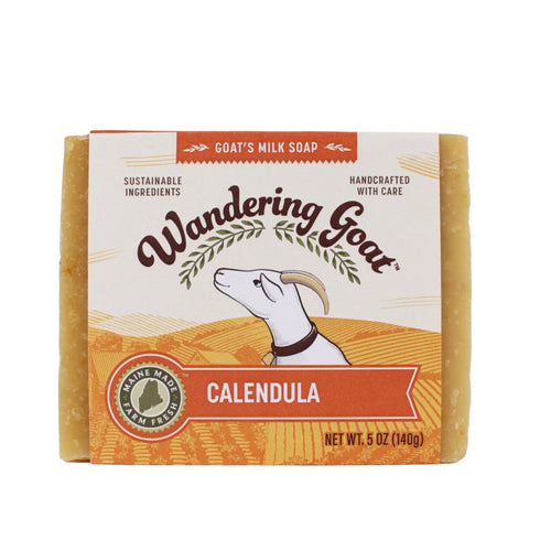 A wrapped bar of Wandering Goat "Calendula" goat milk soap.