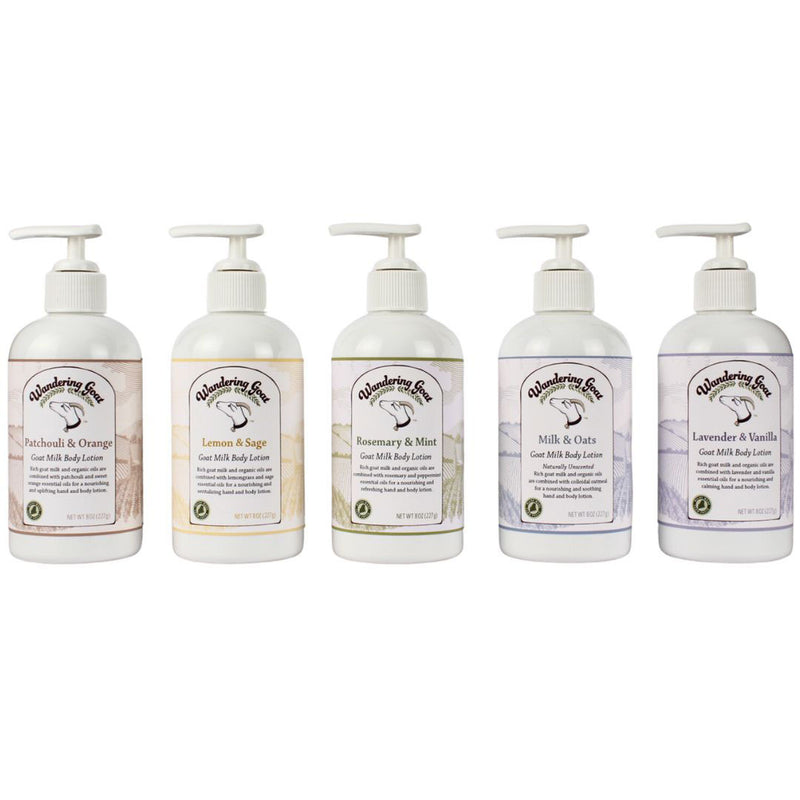 Four bottles of lotion with pump tops. From left to right, Lavender Vanilla, Rosemary Mint, Milk & Oats, and Pachouli Orange.