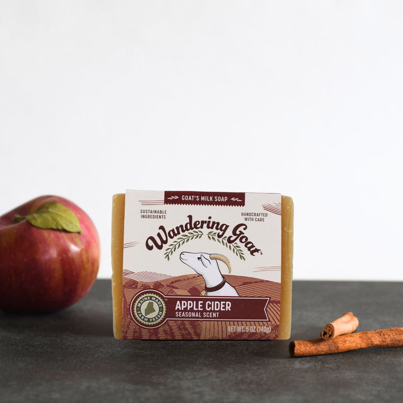 A bar of apple cider soap sits in the center of the image with two cinnamon sticks to the right and a red apple to the left.  