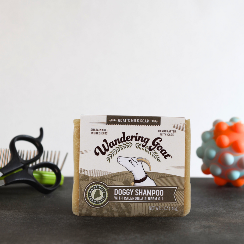 a bar of dog shampoo sits with dog grooming scissors, a brush and a dog toy in the background.