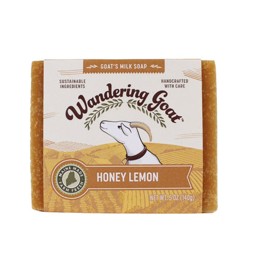 A bar of honey lemon goat milk soap by wandering goat